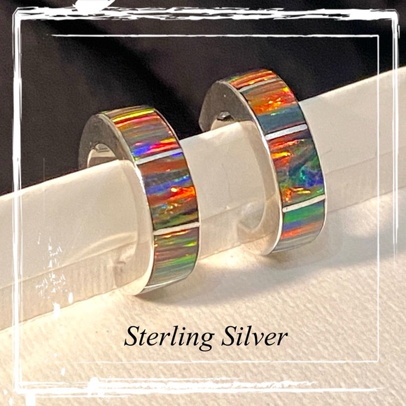 Fire Red Opal Sterling Silver Hoop Post Earrings 950 - Taxco, Mexico - Picture 6 of 8